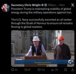 Trump Energy Chief Accused of Manipulating Oil Markets With Deleted Post About Strait of Hormuz